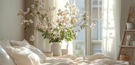 Das Bild zeigt ein ausschnitt von einem Bett mit Frühlingsdestails und Blumen