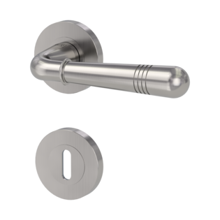 Isolated product image in the left-turned angle shows the GRIFFWERK rose set FABIA in the version mortice lock - velvet grey - screw on technique