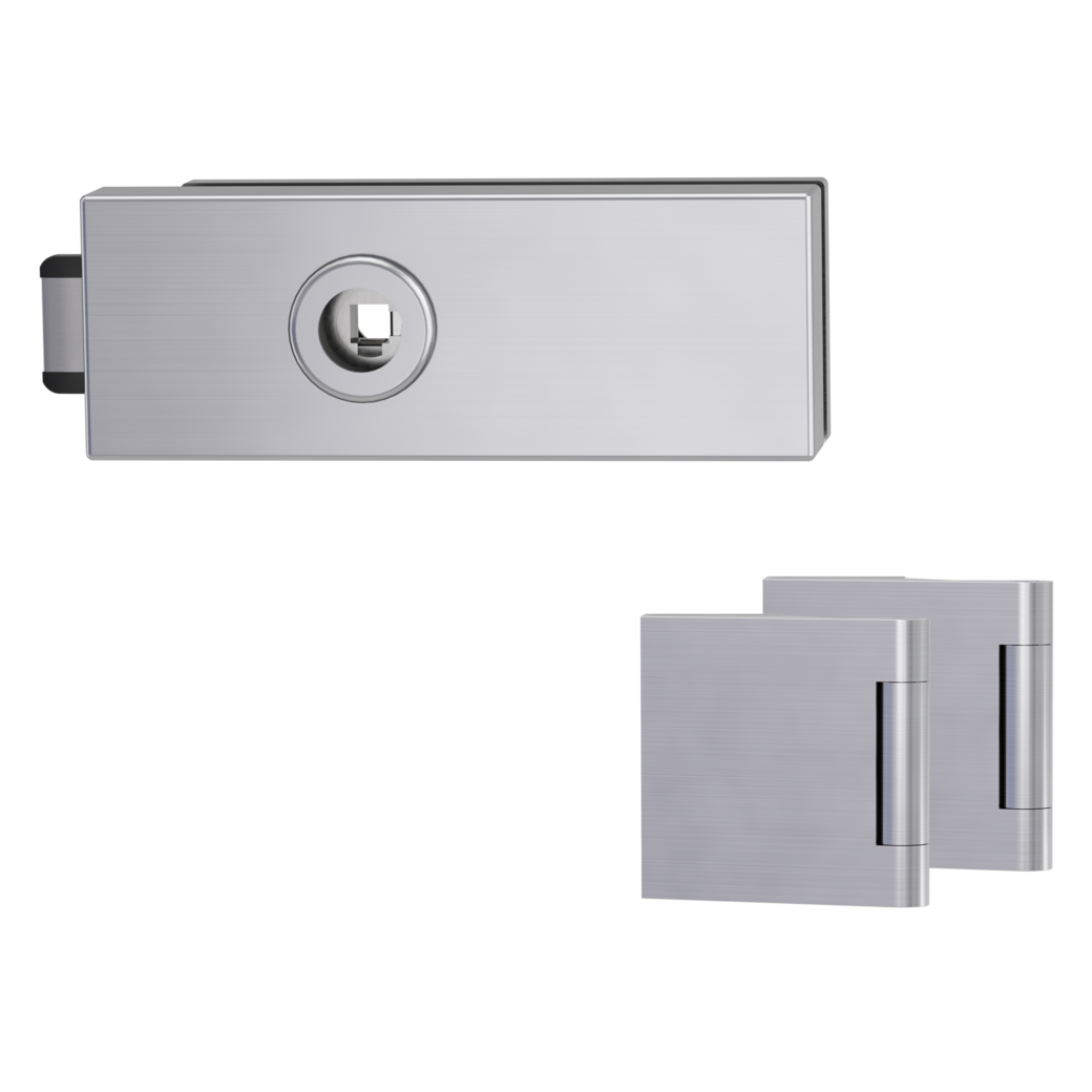 glass door lock set PURISTO S unlockable silent 3-part hinges brushed steel