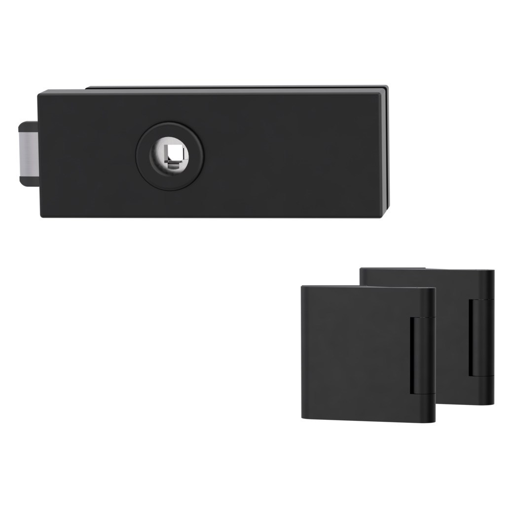 glass door lock set PURISTO S unlockable silent 3-part hinges graphite black