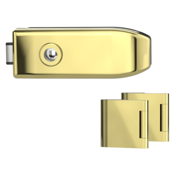 Silhouette product image in perfect product view shows the GRIFFWERK glass door lock set CREATIVO in the version unlockable, brass look, 3-part hinge set