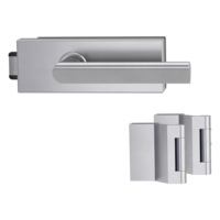 Silhouette product image in perfect product view shows the Griffwerk glass door lock set PURISTO S in the version unlockable, brushed steel, 2-part hinge set with the handle pair TRI 134