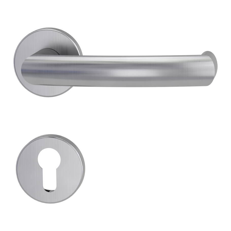 The image shows the Griffwerk door handle set LORITA in the version with rose set round euro profile clip on brushed steel