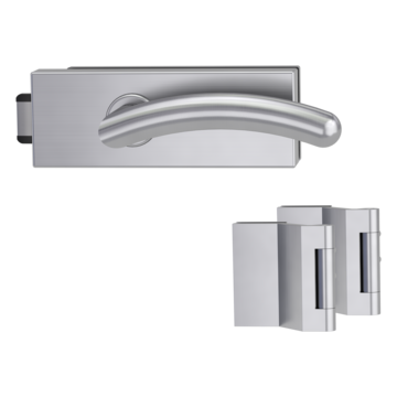 Silhouette product image in perfect product view shows the Griffwerk glass door lock set PURISTO S in the version unlockable, brushed steel, 2-part hinge set with the handle pair SAVIA Schraub