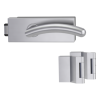 Silhouette product image in perfect product view shows the Griffwerk glass door lock set PURISTO S in the version unlockable, brushed steel, 2-part hinge set with the handle pair SAVIA Schraub