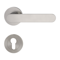 The image shows the Griffwerk door handle set AVUS in the version with rose set round euro profile screw on velvety grey