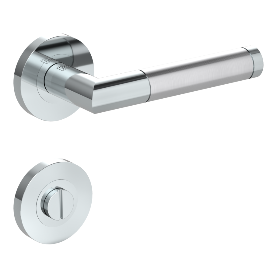 Isolated product image in the right-turned angle shows the GRIFFWERK rose set LOREDANA PROF in the version turn and release - polished/brushed steel - screw on technique outside view