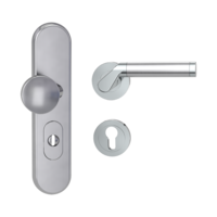 Silhouette product image in perfect product view shows the Griffwerk security combi set TITANO_882 in the version cylinder cover, round, brushed steel, clip on with the door handle CORINNA