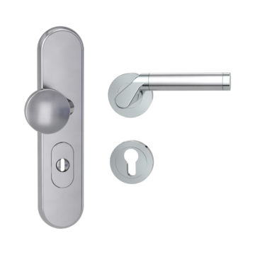 Silhouette product image in perfect product view shows the Griffwerk security combi set TITANO_882 in the version cylinder cover, round, brushed steel, clip on with the door handle CORINNA