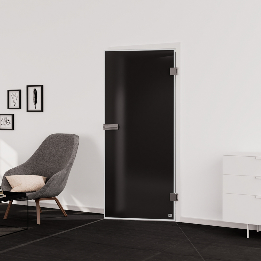 Wohnsituation zeigt die Glastür aus Einscheibensicherheitsglas (ESG) Laserdekor JETTE FRAME 815 in der Ausführung mattiert MOON GREY Bohrung Studio/Office Drehtür DIN R
