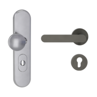 Silhouette product image in perfect product view shows the Griffwerk security combi set TITANO_882 in the version cylinder cover, round, brushed steel, clip on with the door handle AVUS KGR