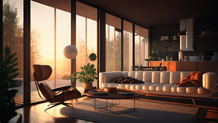 Große Fenster im Mid-Century Modern Wohnzimmer zeigen den atemberaubenden Sonnenuntergang mit warmen Lichtstimmungen. Ein bequemes Sofa im Zentrum des Raumes ist von einigen Designklassikern umgeben, die den charakteristischen Mid-Century Stil widerspiegeln.