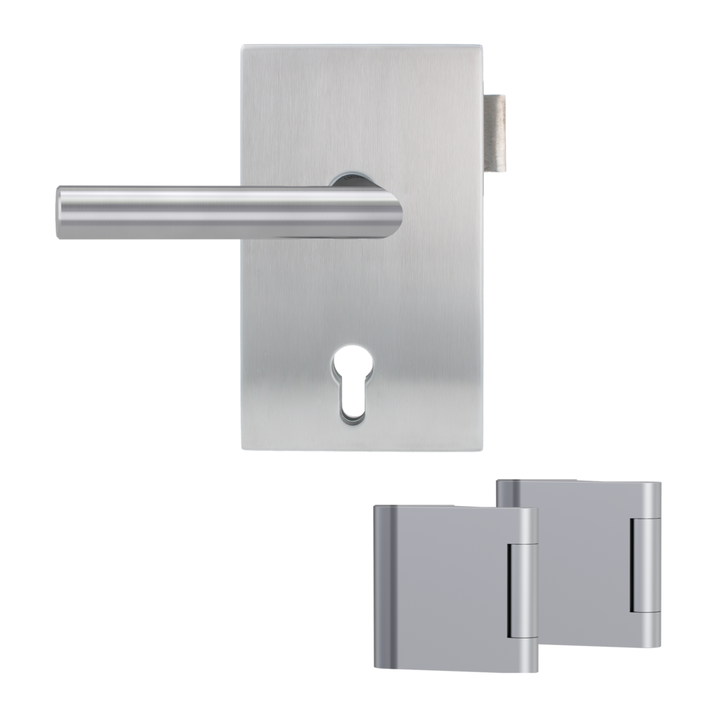 glass door lock set QUATTRO 1.0 euro profile L standard 3-part hinges LUCIA PROF brushed steel