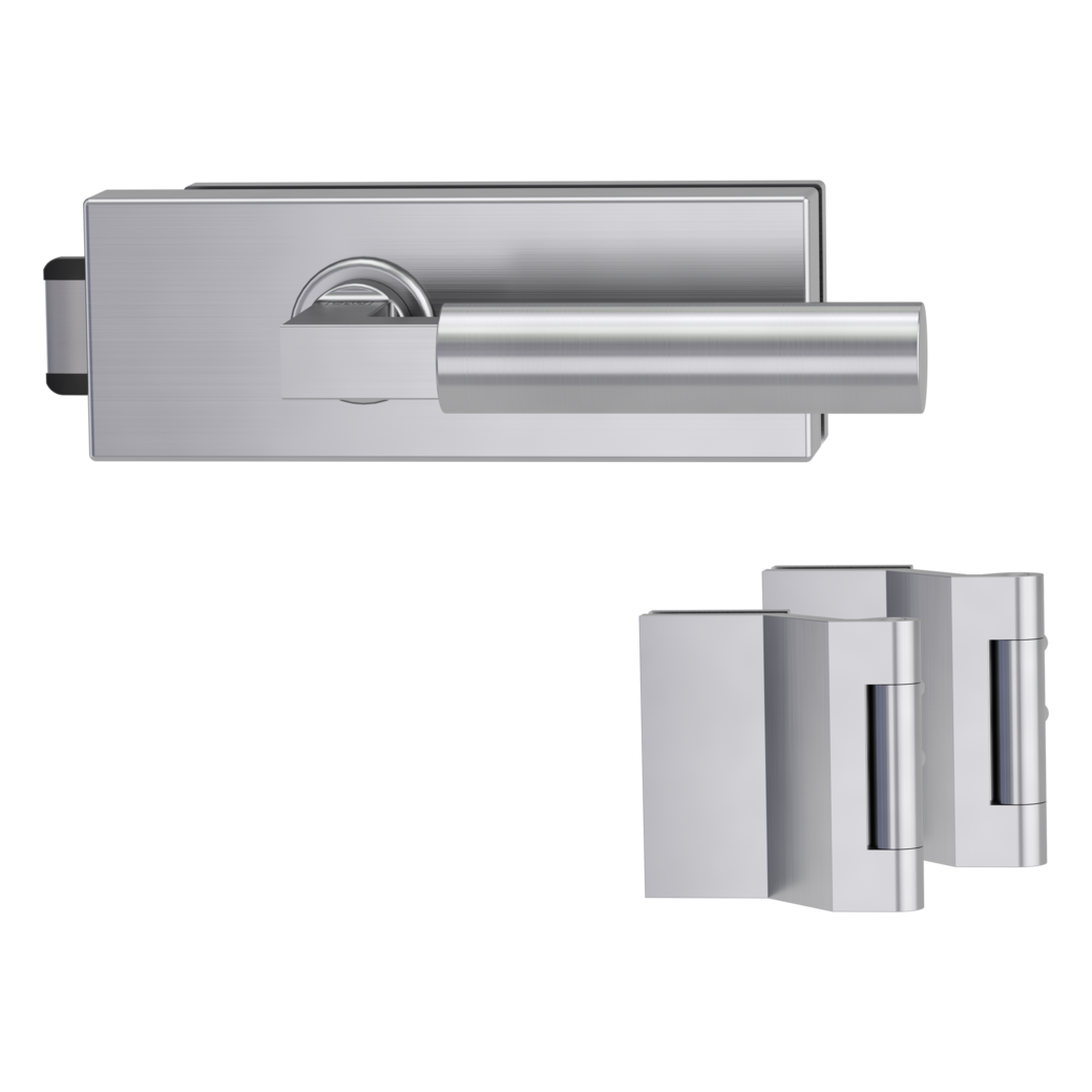 glass door lock set PURISTO S unlockable silent 3-part hinges METRICO PROF brushed steel