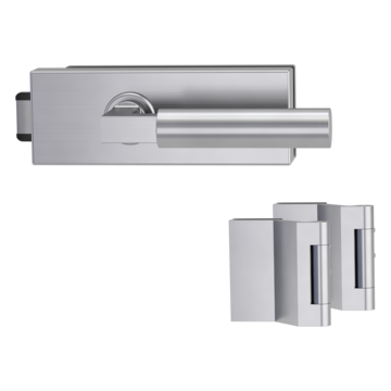 Silhouette product image in perfect product view shows the Griffwerk glass door lock set PURISTO S in the version unlockable, brushed steel, 2-part hinge set with the handle pair METRICO PROF