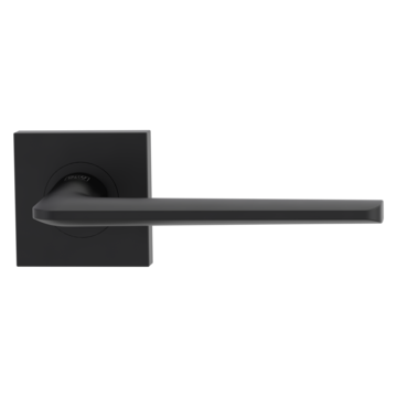 The image shows the Griffwerk door handle set REMOTE in the version with rose set square unlockable screw on graphite black