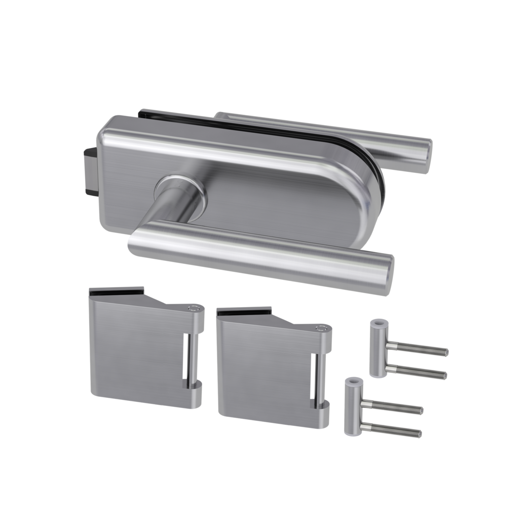 Jgo.Herrajes puerta de cristal SMILE sin cerradura Silencioso bisagras 3-pzas L-FORM Imitación acero inoxidable mate