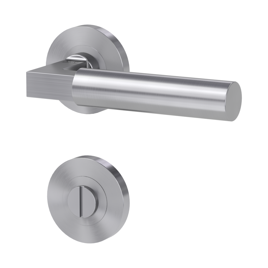 Isolated product image in the left-turned angle shows the GRIFFWERK rose set METRICO PROF in the version turn and release - brushed steel - screw on technique outside view