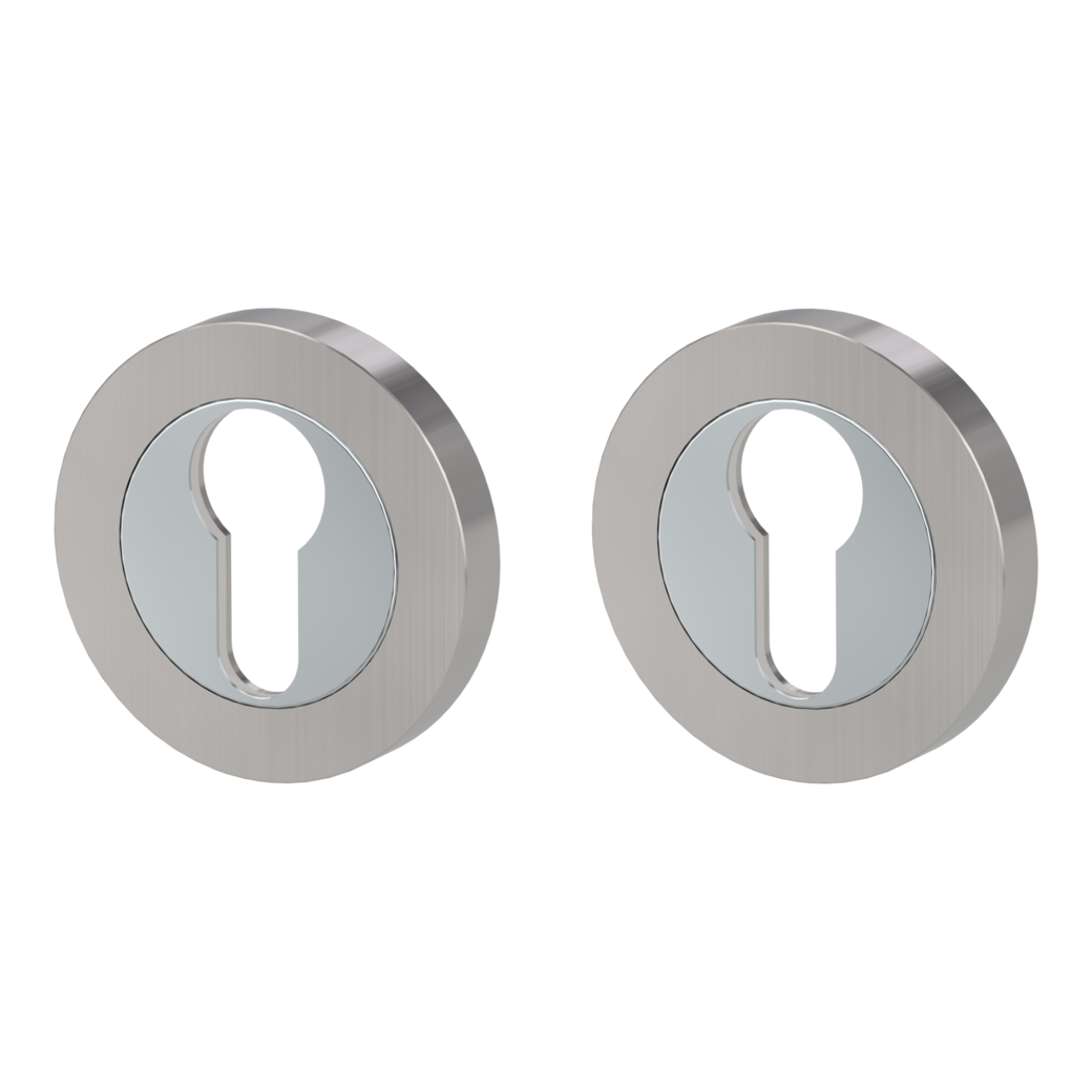 Pair of escutcheons zinc round with decorative ring profile cyl. Screw-on system chrome nickel matt