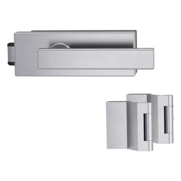 Silhouette product image in perfect product view shows the Griffwerk glass door lock set PURISTO S in the version unlockable, brushed steel, 2-part hinge set with the handle pair CUBICO
