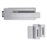 Silhouette product image in perfect product view shows the Griffwerk glass door lock set PURISTO S in the version unlockable, brushed steel, 2-part hinge set with the handle pair CUBICO