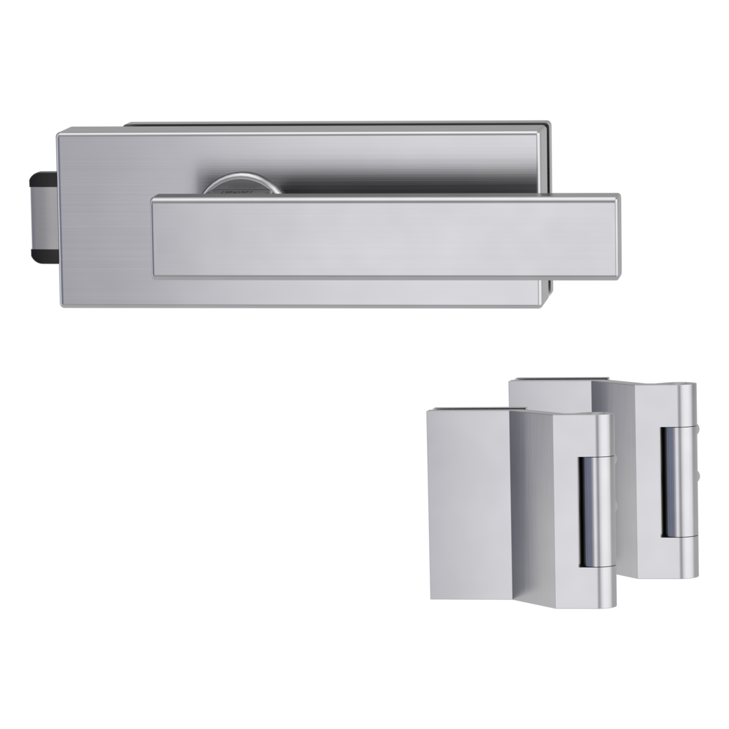 glass door lock set PURISTO S unlockable silent 3-part hinges CUBICO brushed steel