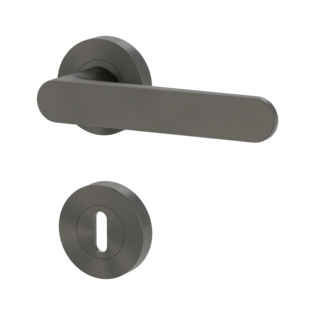 Isolated product image in the left-turned angle shows the GRIFFWERK rose set AVUS in the version mortice lock - cashmere grey - screw on technique