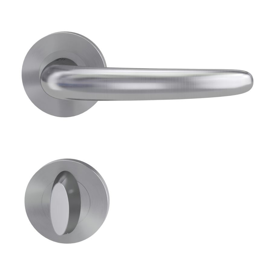 Freigestelltes Produktbild im idealen Blickwinkel fotografiert zeigt die GRIFFWERK Rosettengarnitur ULMER GRIFF in der Ausführung WC-Schließer - Edelstahl matt - Klipptechnik Innenansicht 