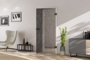 Rauchglas Glastür MoonGrey Das Bild zeigt ein Wohnraum mit der Rauchglas Glastür MoonGrey