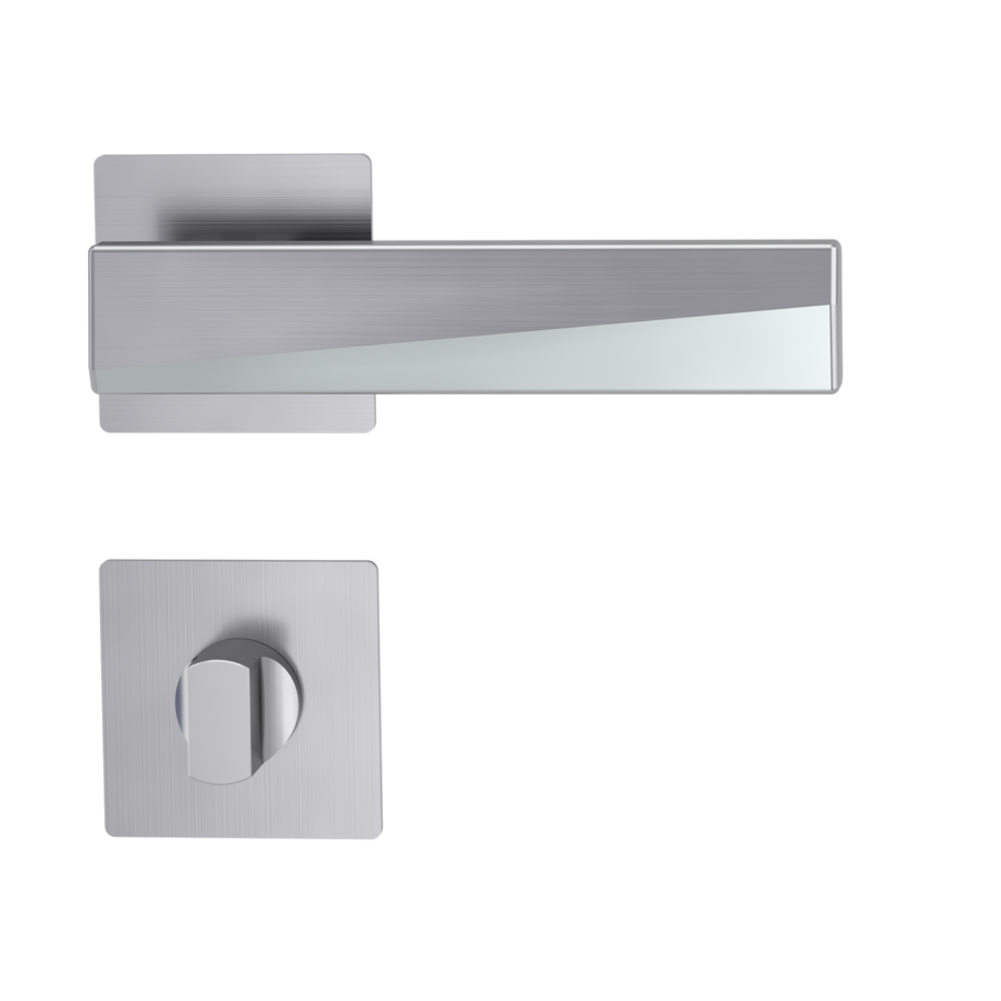 The image shows the Jette door handle set VISION in the version with rose set square wc Piatta brushed steel
