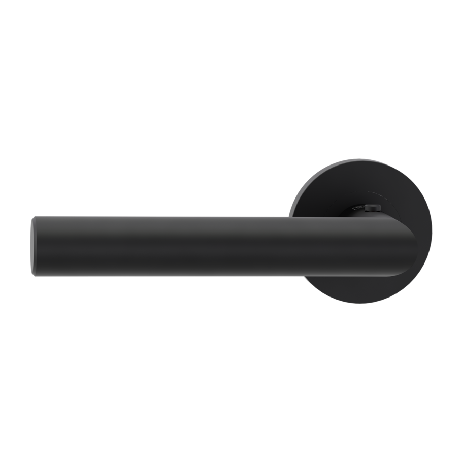 The image shows the Griffwerk door handle set LUCIA PROF in the version with rose set round smart2lock 2.0 screw on graphite black