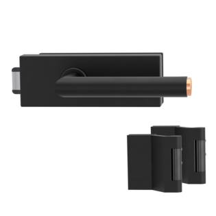Silhouette product image in perfect product view shows the Griffwerk glass door lock set PURISTO S in the version unlockable, graphite black, 2-part hinge set with the handle pair LUCIA SELECT GSC/CU