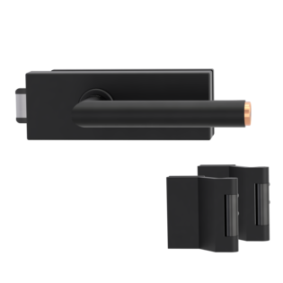 Product image of Griffwerk glass door lock set PURISTO S unlockable, graphite black, 2-part hinge set with LUCIA SELECT GSC/CU handle pair Silhouette product image in perfect product view shows the Griffwerk glass door lock set PURISTO S in the version unlockable, graphite black, 2-part hinge set with the handle pair LUCIA SELECT GSC/CU