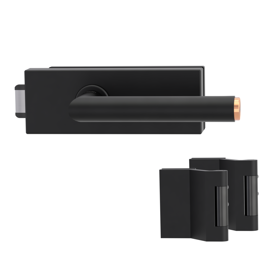 glass door lock set PURISTO S unlockable silent 3-part hinges LUCIA SELECT graphite black/copper