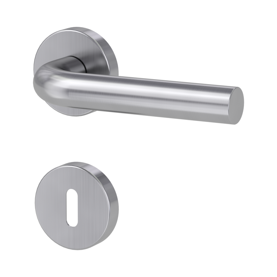 Isolated product image in the left-turned angle shows the GRIFFWERK door handle set DANIELA in the surface brushed steel version  mortice lock