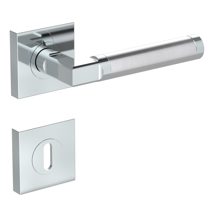Isolated product image in the right-turned angle shows the GRIFFWERK rose set square LARONDA QUATTRO in the version mortice lock - chrome/brushed steel - screw on technique