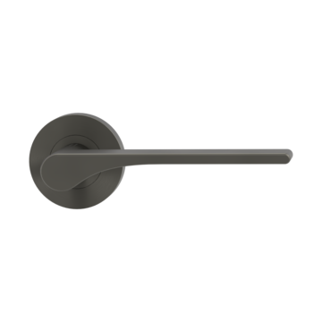 The image shows the Griffwerk door handle set LEAF LIGHT in the version with rose set round unlockable screw on cashmere grey