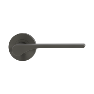 The image shows the Griffwerk door handle set LEAF LIGHT in the version with rose set round unlockable screw on cashmere grey