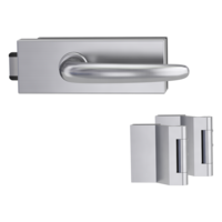 Silhouette product image in perfect product view shows the Griffwerk glass door lock set PURISTO S in the version unlockable, brushed steel, 2-part hinge set with the handle pair ULMER GRIFF