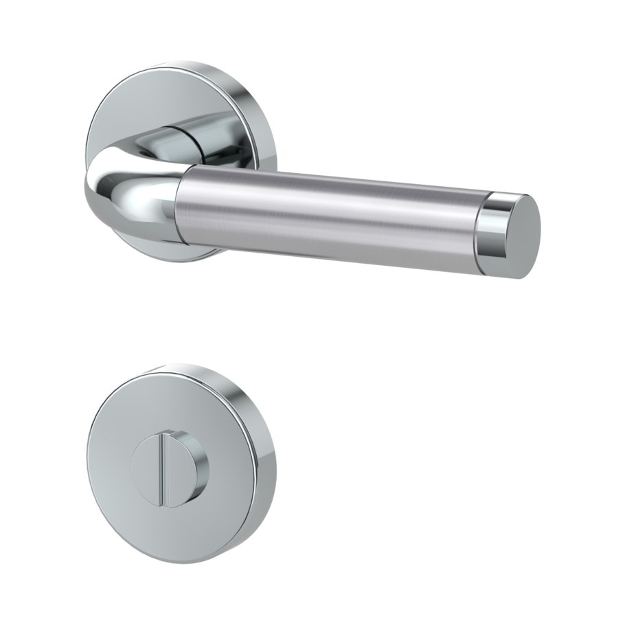 Isolated product image in the left-turned angle shows the GRIFFWERK rose set ADINA in the version turn and release - polished/brushed steel - clip on technique outside view