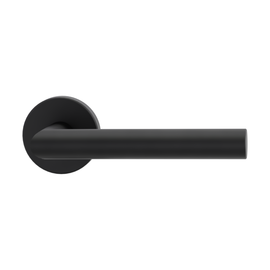 The image shows the Griffwerk door handle set LUCIA in the version with rose set round unlockable clip on graphite black