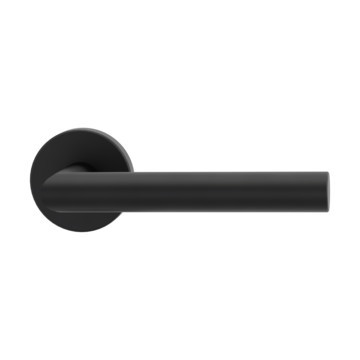 The image shows the Griffwerk door handle set LUCIA in the version with rose set round unlockable clip on graphite black