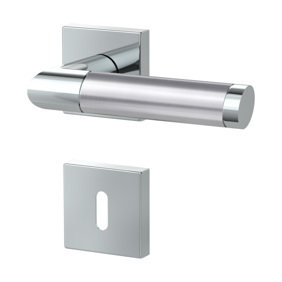 Isolated product image in the left-turned angle shows the GRIFFWERK rose set square CHRISTINA QUATTRO in the version mortice lock - polished/brushed steel - clip on technique