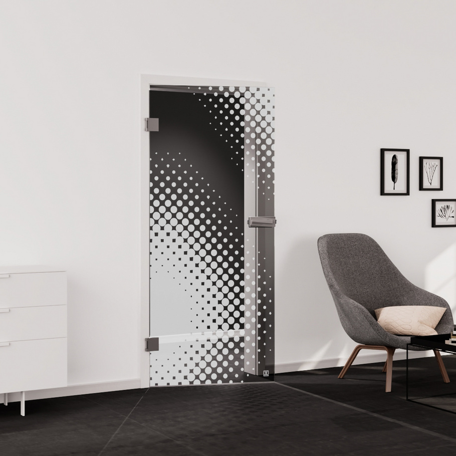 Living situation which shows the glass door with tempered safety glass (ESG) laserdecor JETTE DOTS 573 in the vision clear MOON GREY drilling Studio/Office revolving door DIN L