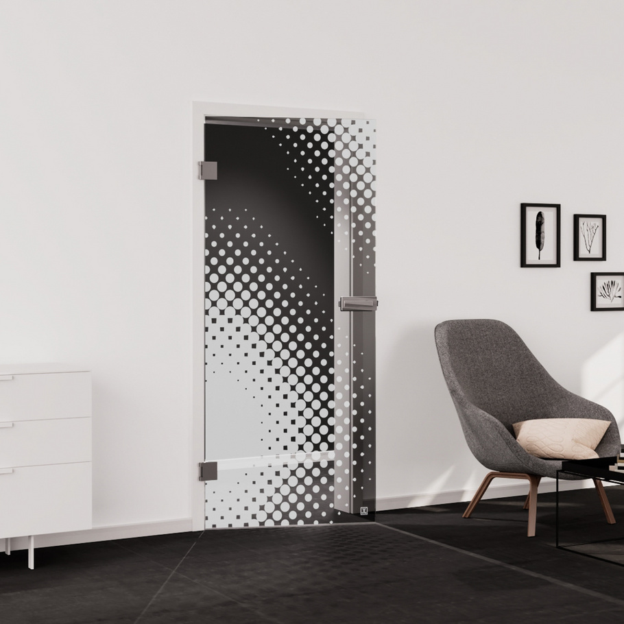 Wohnsituation zeigt die Glastür aus Einscheibensicherheitsglas (ESG) Laserdekor JETTE DOTS 573 in der Ausführung durchsichtig MOON GREY Bohrung Studio/Office Drehtür DIN L