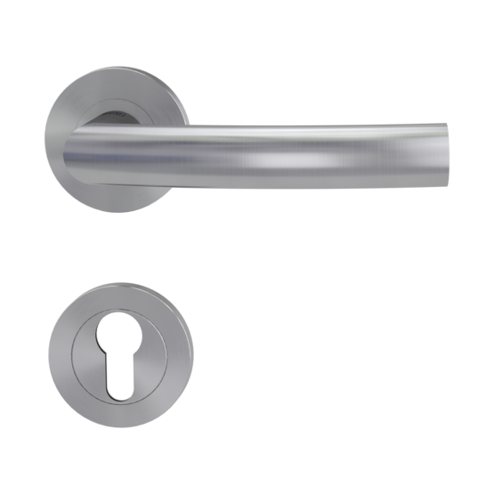 Isolated product image in perfect product view shows the GRIFFWERK rose set LORITA PROF in the version euro profile - brushed steel - screw on technique