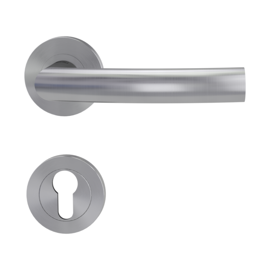 Isolated product image in perfect product view shows the GRIFFWERK rose set LORITA PROF in the version euro profile - brushed steel - screw on technique