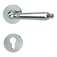 The image shows the Griffwerk door handle set CAROLA in the version with rose set round euro profile screw on chrome