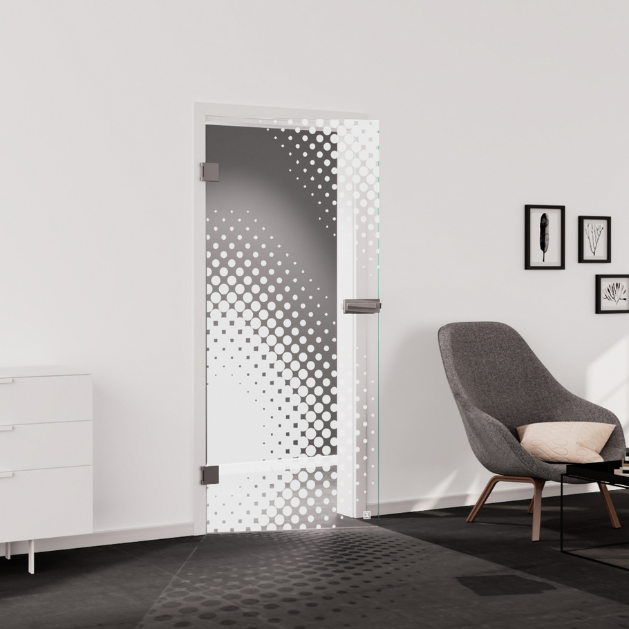 Living situation which shows the glass door with tempered safety glass (ESG) laserdecor JETTE DOTS 573 in the vision clear PURE WHITE drilling Studio/Office revolving door DIN L