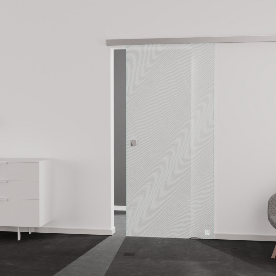 Living situation which shows the glass door with tempered safety glass (ESG) laserdecor JETTE WAVE 563 in the vision frosted BASIC GREEN drilling Studio/Office sliding door